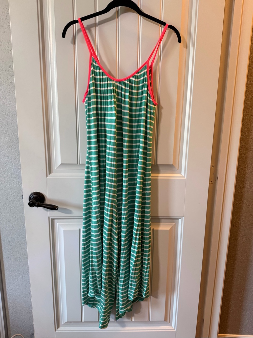 Teal Green & White Striped Romper with Coral Trim
